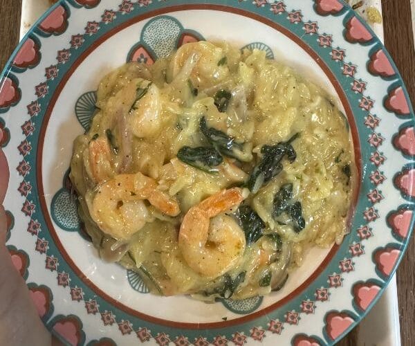 Creamy Garlic Prawn Risoni served