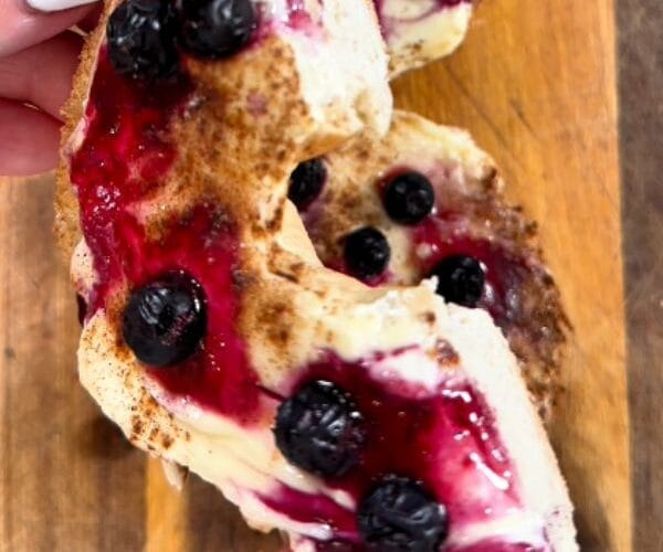Air Fryer Blueberry Cheesecake Bagel served