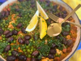 Chicken and Chorizo Paella in serving dish