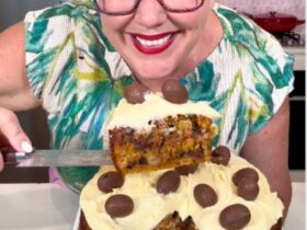 chocolate chip carrot cake sliced