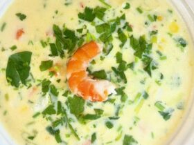 Prawn and Corn Chowder served in bowl