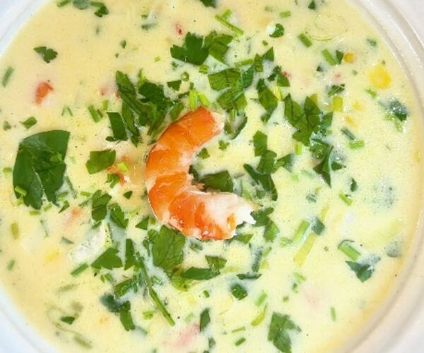 Prawn and Corn Chowder served in bowl