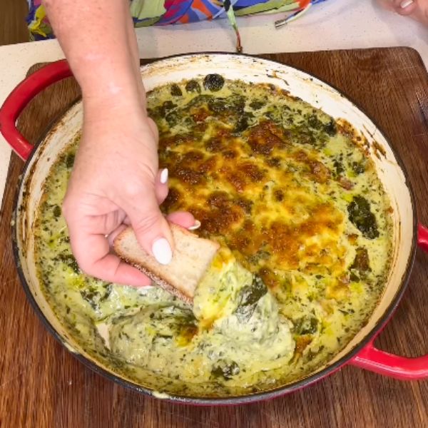 Cheesy Hot Spinach Dip cooked and served