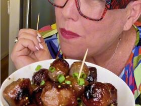 Honey Mustard Sausage Bites served and eating