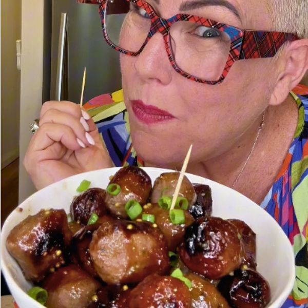 Honey Mustard Sausage Bites served and eating