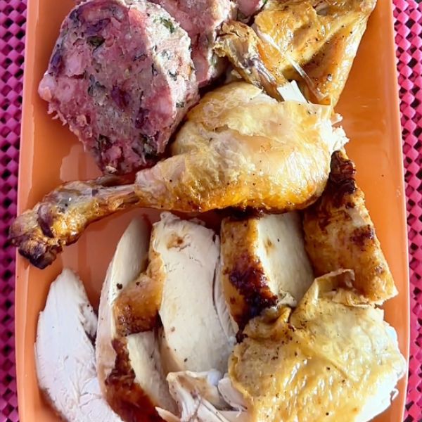 Roast Chicken Stuffed with Turkey Roast Chicken Stuffed with Turkey on platter