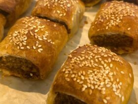 Sausage Rolls cooked on tray