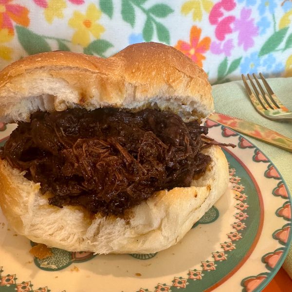 Slow Cooked Pulled Beef plated Slow Cooked Pulled Beef plated on plate