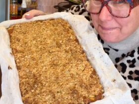 Apple Cake with Crumble cooked and holding in tray
