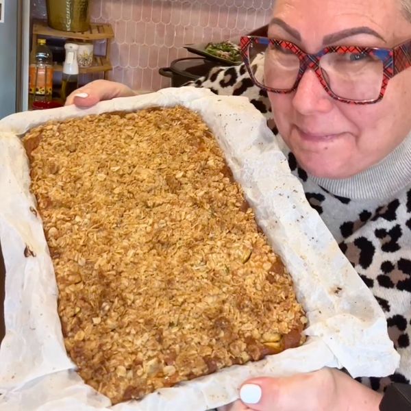 Apple Cake with Crumble cooked and holding in tray