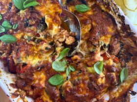 BBQ Chicken Pizza Bake cooked in tray