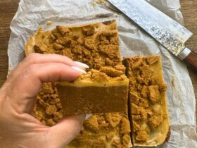 Biscoff Cheesecake Slice holding in hand