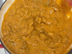 Chicken Stroganoff cooked in pan