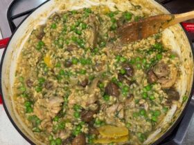 Chicken and mushroom risotto cooked in pan