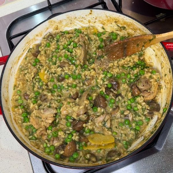 Chicken and mushroom risotto Chicken and mushroom risotto cooked in pan