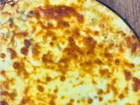 Chicken and vegetable mac and cheese cooked in pan