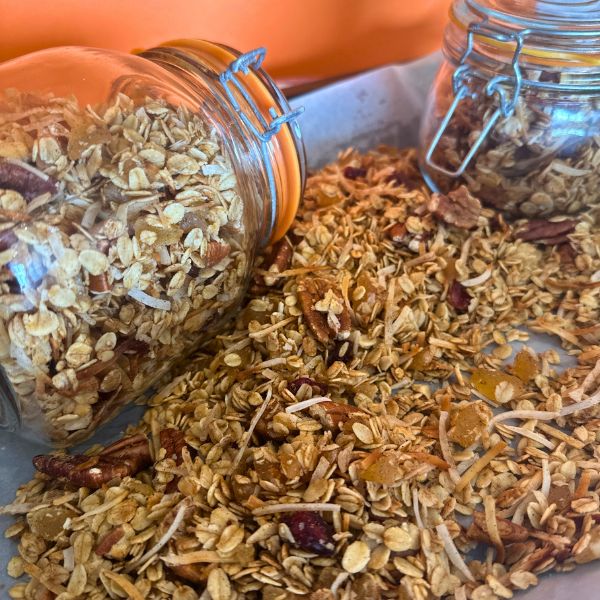 Gingerbread Granola jared Gingerbread Granola on tray and in jar