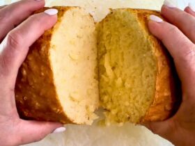 Lemon Bread sliced and holding