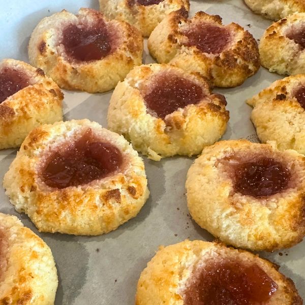 3 ingredient Coconut Jam Drops 3 ingredient Coconut Jam Drops baked on tray