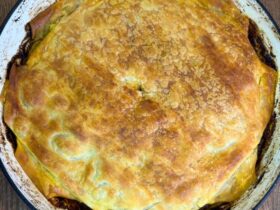 Beef and vegetable pot pie cooked in pan