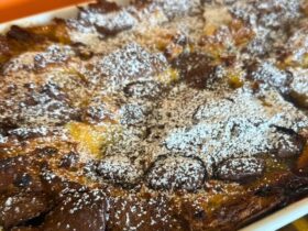 Bread and butter pudding in tray