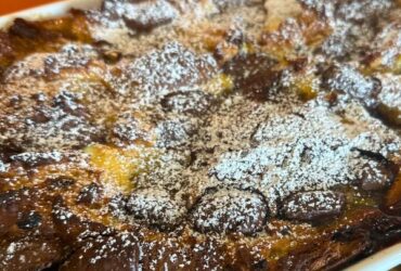 Bread and butter pudding in tray