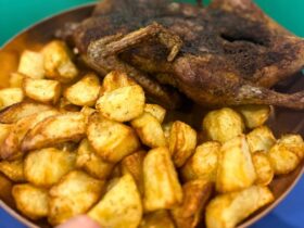 air fryer duck fat potatoes served in dish