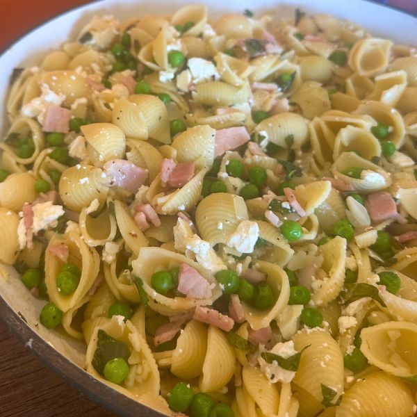 Bacon and Pea Pasta in dish