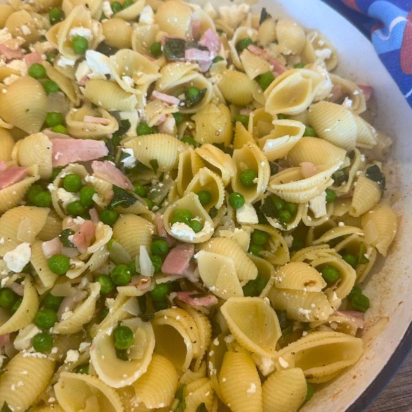 Bacon and Pea Pasta cooked