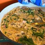 Creamy Mushroom and Bacon Risoni cooked in pan