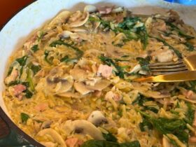 Creamy Mushroom and Bacon Risoni cooked in pan