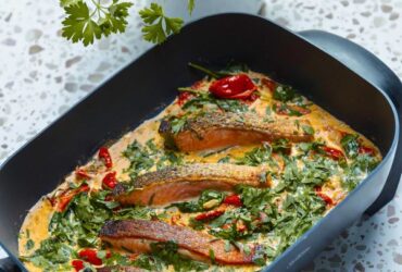 Creamy Tuscan Salmon in pan