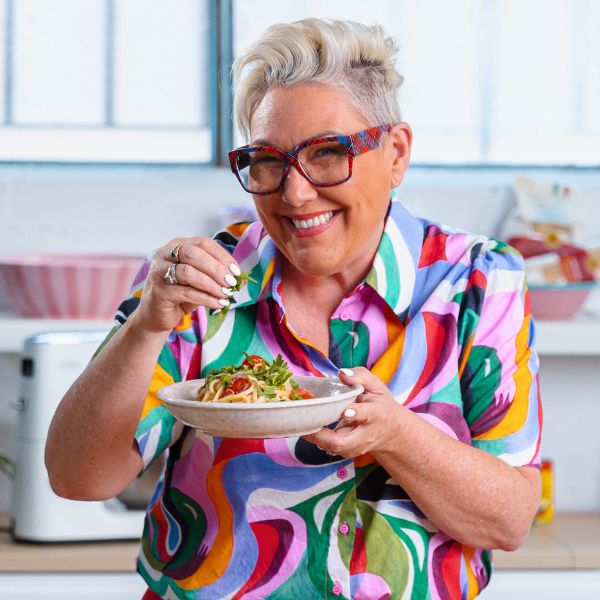 Frugal Foodie Steph de Sousa holding pasta