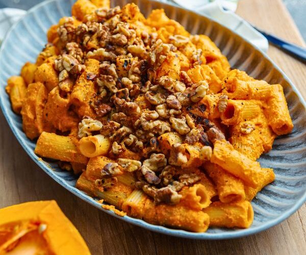 Pumpkin Rigatoni with Capsicum and Fetta served in bowl