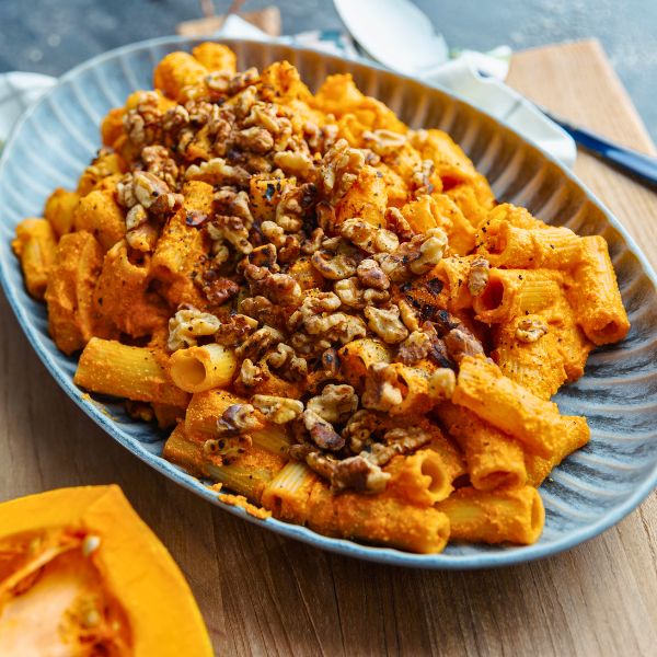 Pumpkin Rigatoni with Capsicum and Fetta Pumpkin Rigatoni with Capsicum and Fetta served in bowl