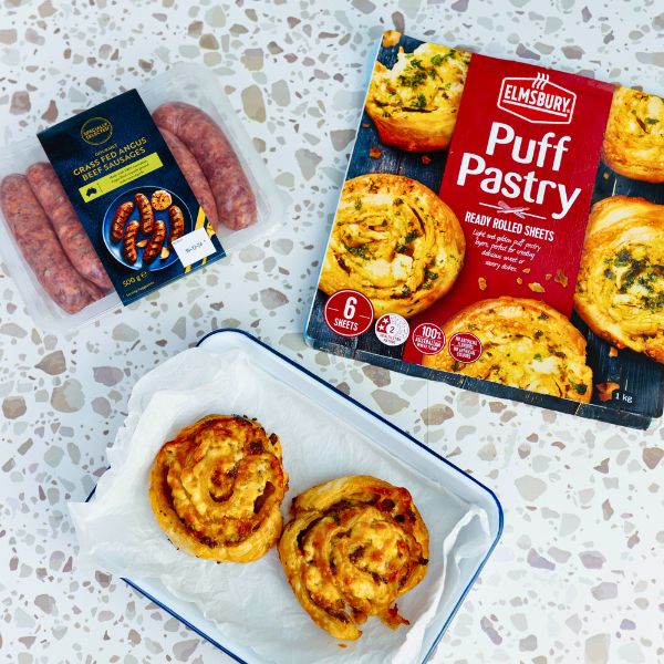 Sausage Roll Scrolls ingredients on bench