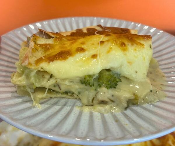 chicken and broccoli lasagna on plate
