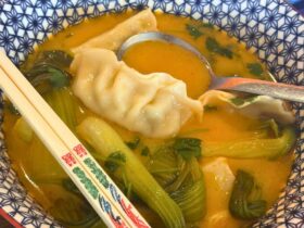 red curry dumpling soup in bowl