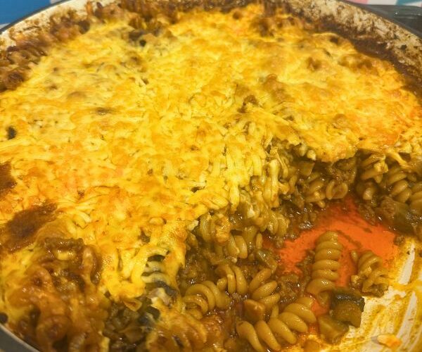 Beef Stroganoff Pasta Bake in dish and cooked