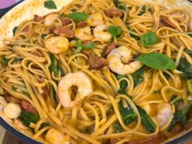 Cajan Prawn Pasta cooked in dish