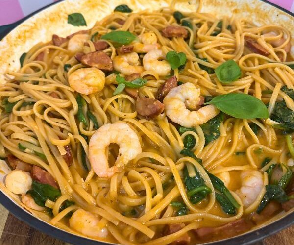 Cajan Prawn Pasta cooked in dish