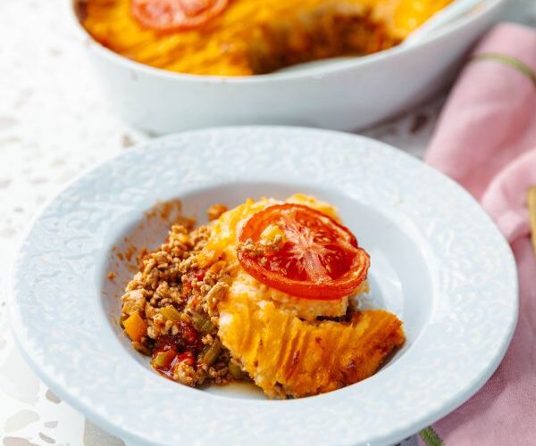 Cottage Pie with Sweet Potato Mash served in bowl