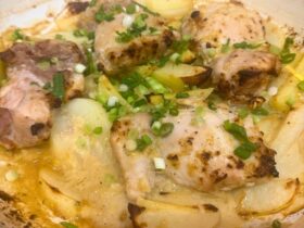Lemon Chicken Tray Bake in dish
