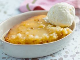 Lemon Self Saucing Pudding in dish