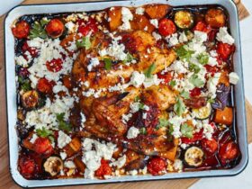 One Pan Greek Chicken Bake in tray