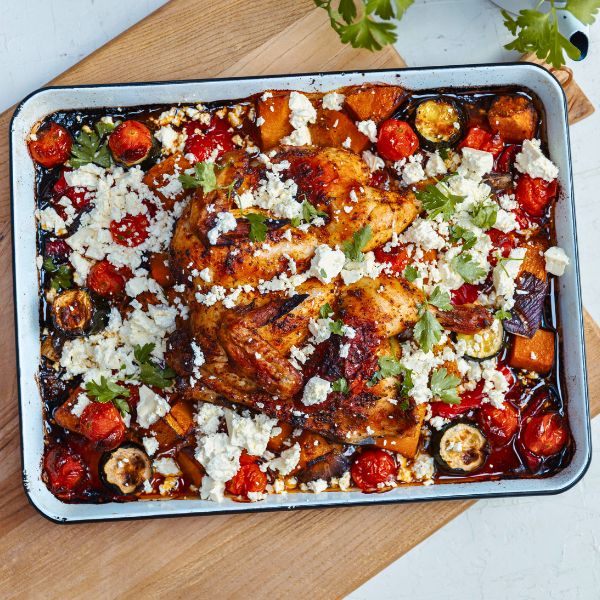 One Pan Greek Chicken Bake in tray