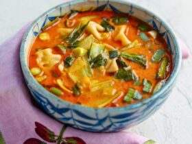 Red Thai Curry Dumpling Soup in bowl and served