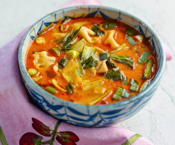 Red Thai Curry Dumpling Soup in bowl and served