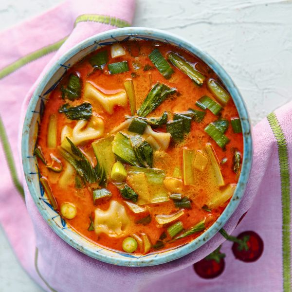 Red Thai Curry Dumpling Soup in bowl