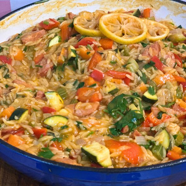 Spanish Style Risoni in dish Spanish Style Risoni in dish and served